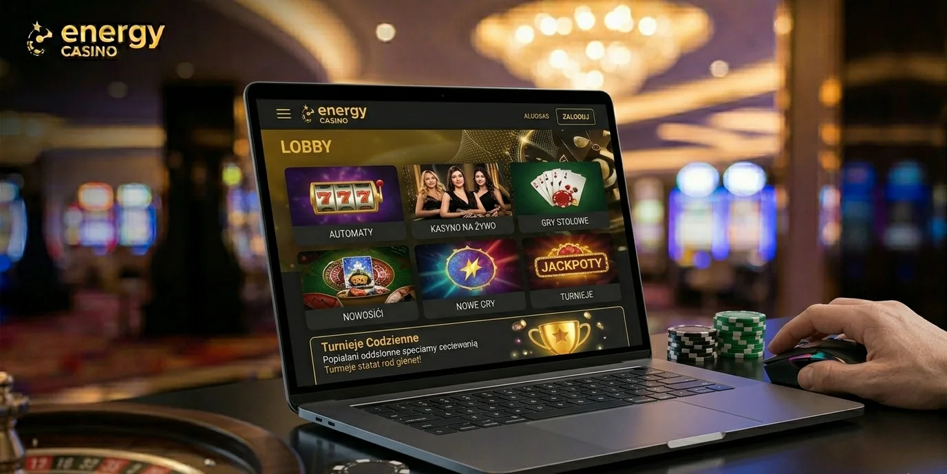Lobby gier Energy Casino na desktopie — kategorie slotów i jackpotów